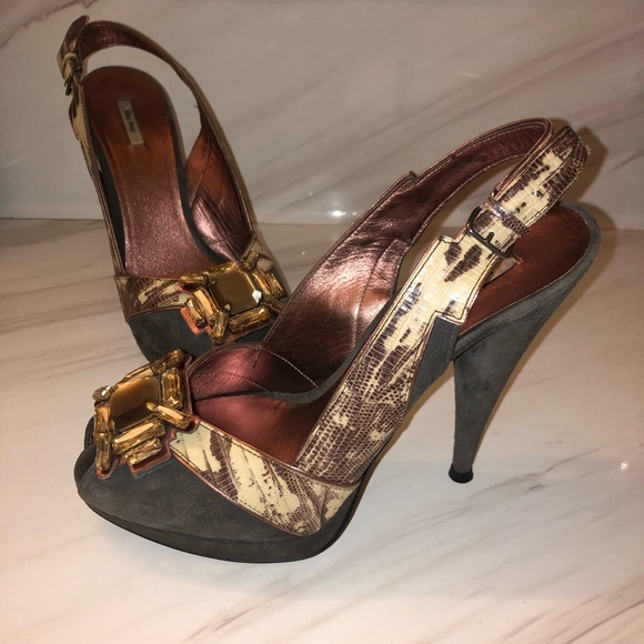 Miu Miu open toe Slingback heels with large stones snakeskin and gray suede 38 - Picture 2 of 8